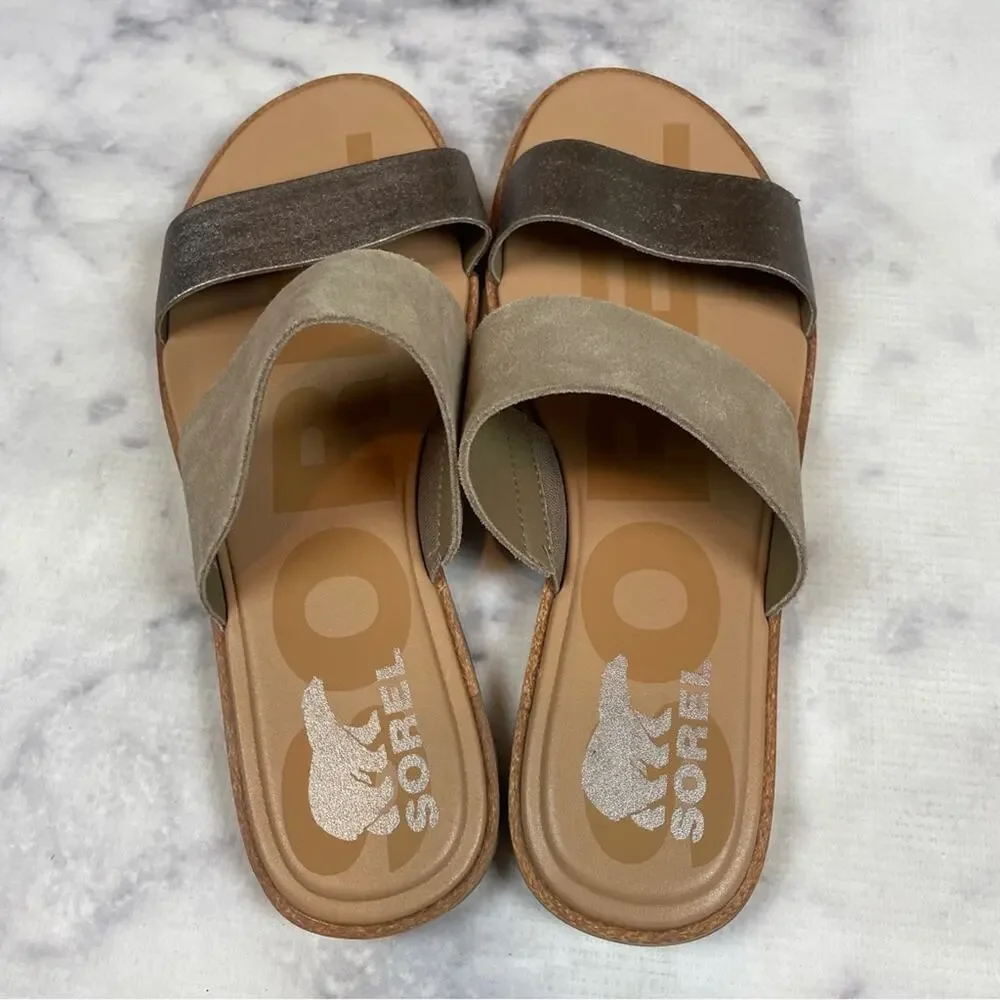 Sorel Ella II Suede Metallic Double Strap Slide Sandals NWOB Sz 8